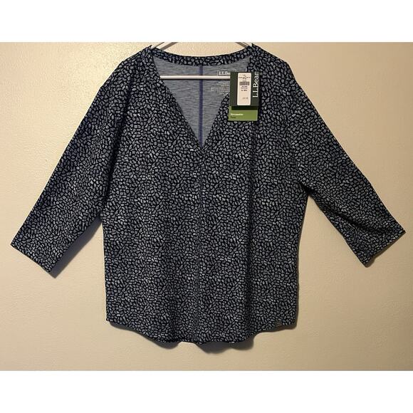 LL Bean Top Womens XL Reg Streamside Tee Split Neck 3/4 Sleeve Gorpcore Blue NWT - Picture 2 of 9